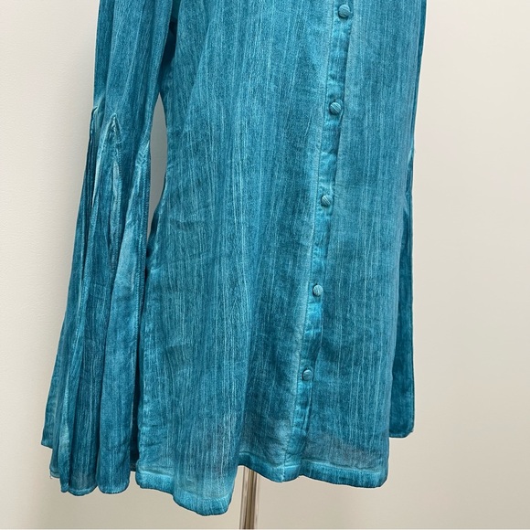 Rococo Sand Vita Long Bell Sleeves Button Down Teal Shirt Size Small - Picture 4 of 13
